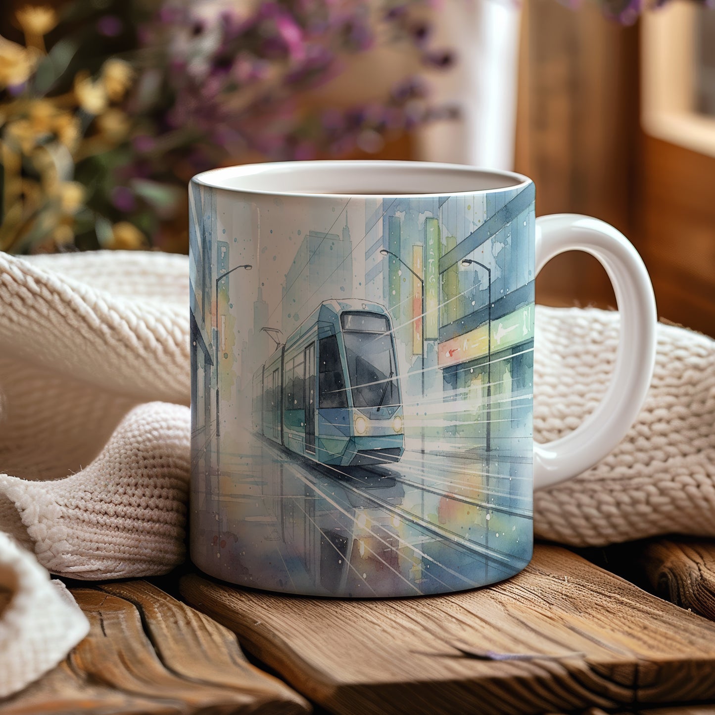 Hrnek s tramvají v moderní metropoli