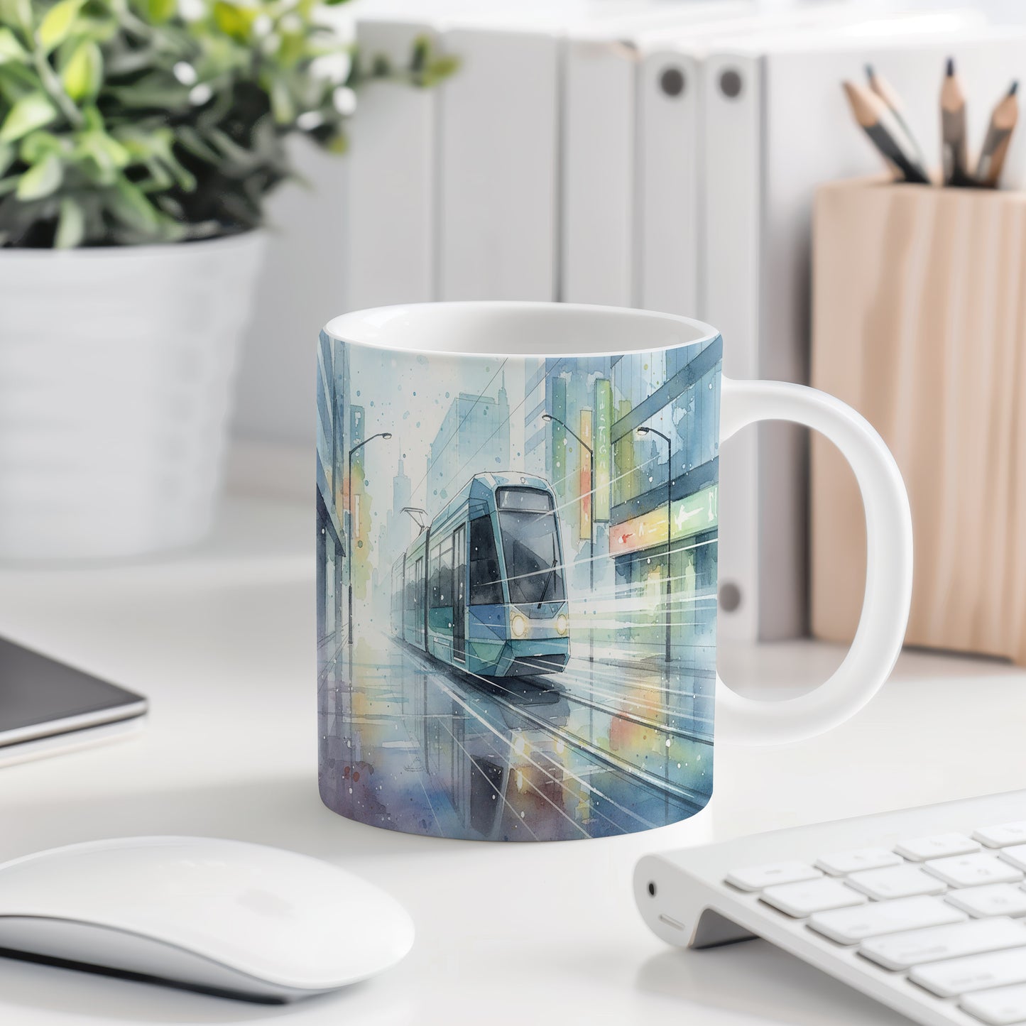 Hrnek s tramvají v moderní metropoli