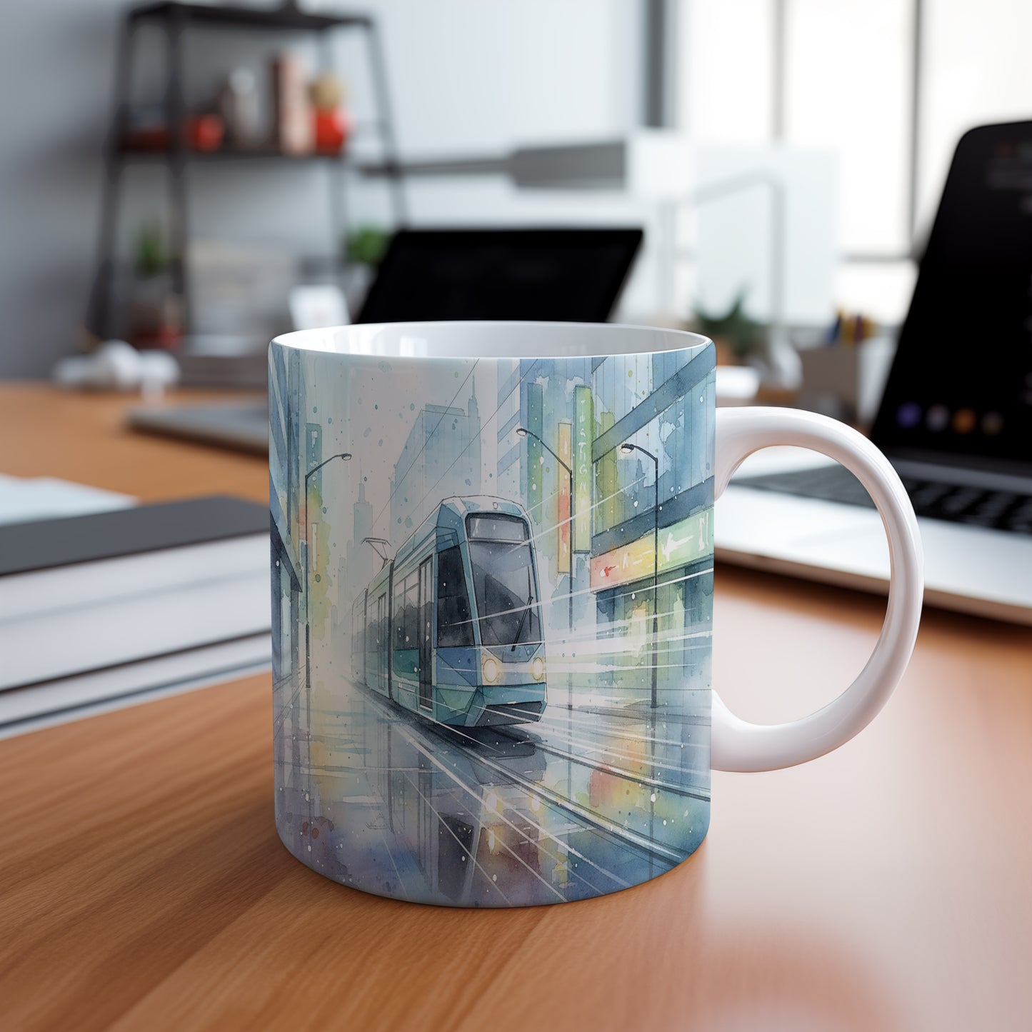 Hrnek s tramvají v moderní metropoli