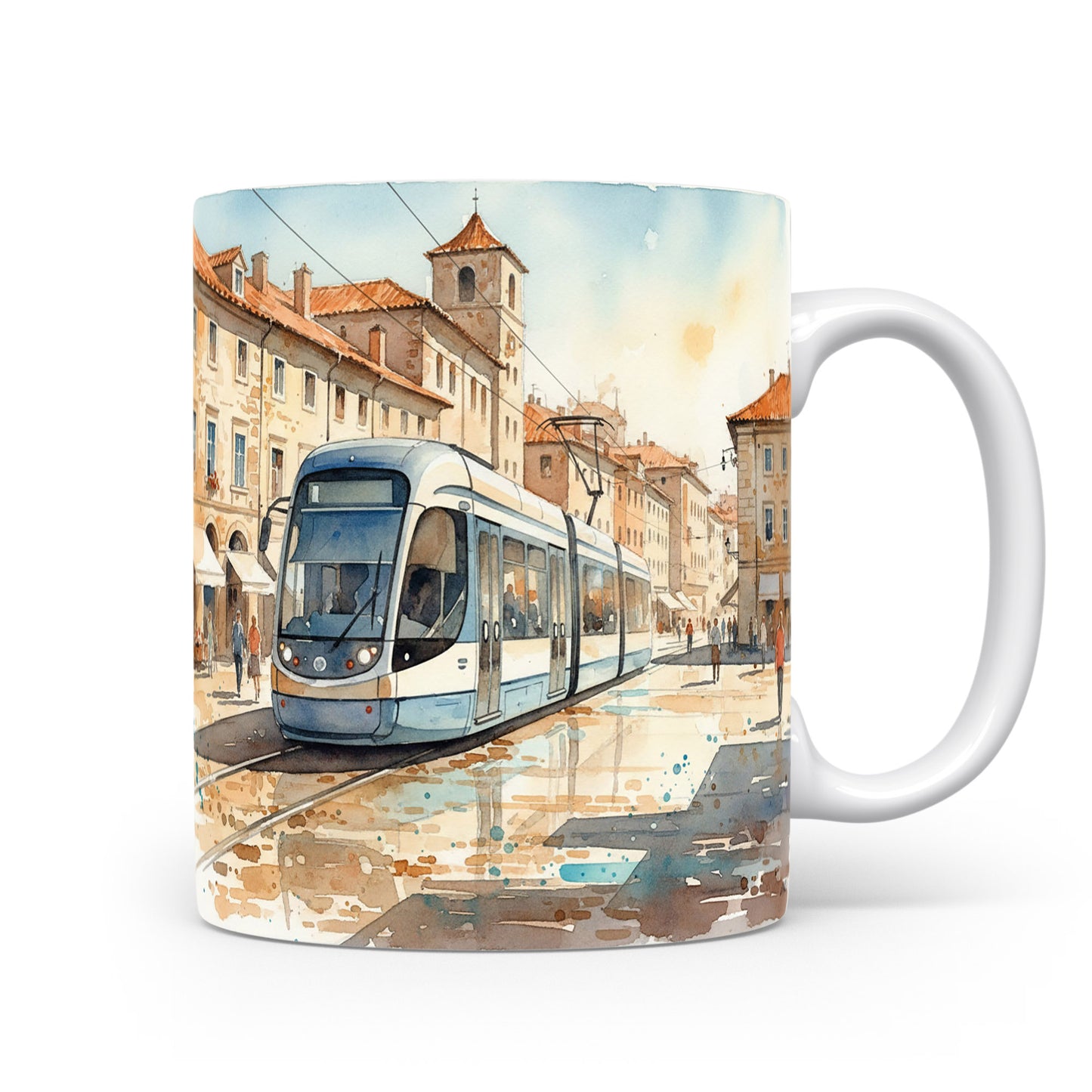 Tramvaj v historickém centru na hrnku