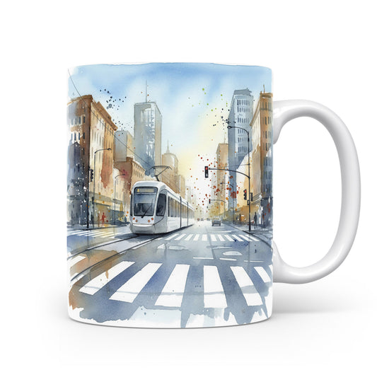 Tramvaj na křižovatce v akvarelu