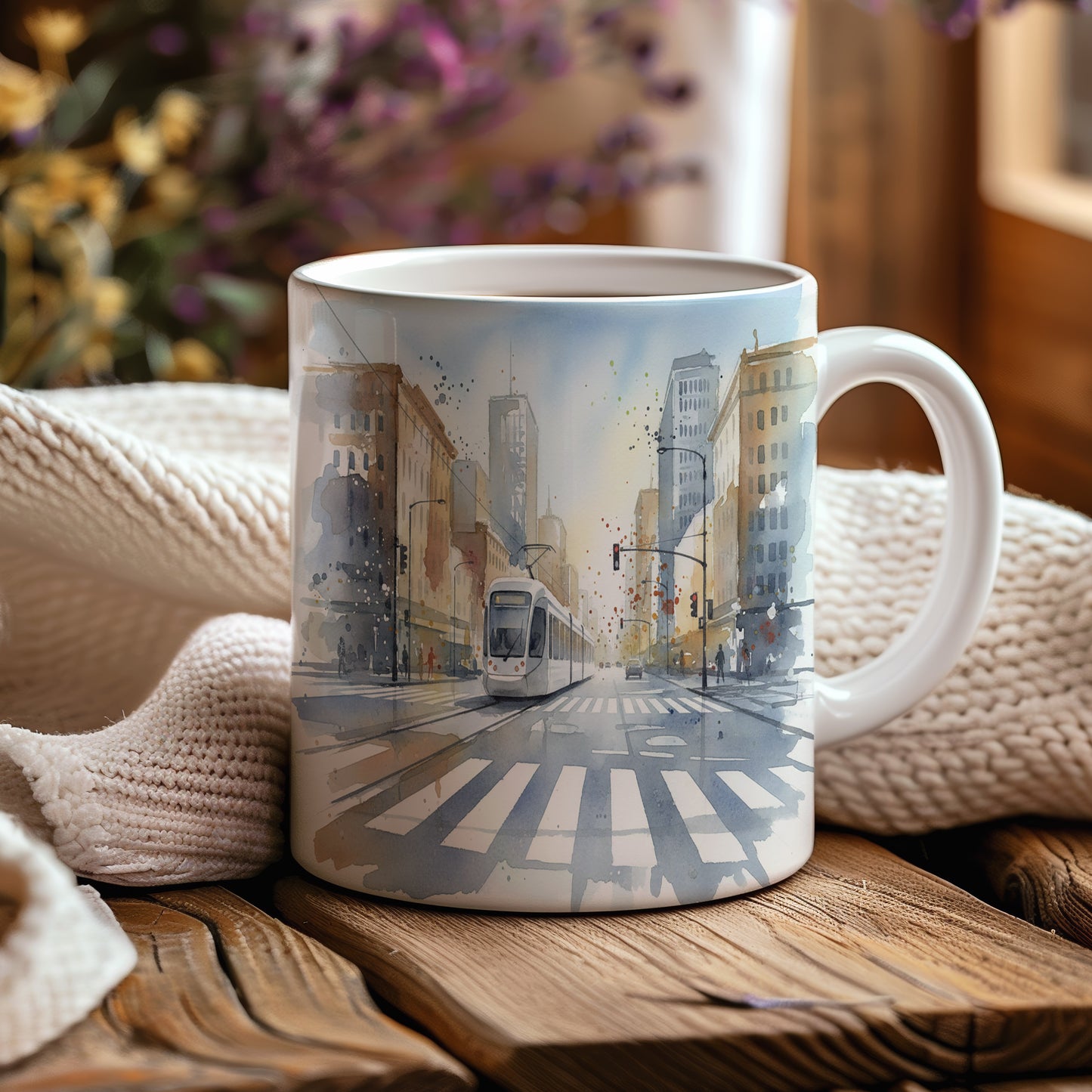 Hrnek s tramvají na městské křižovatce