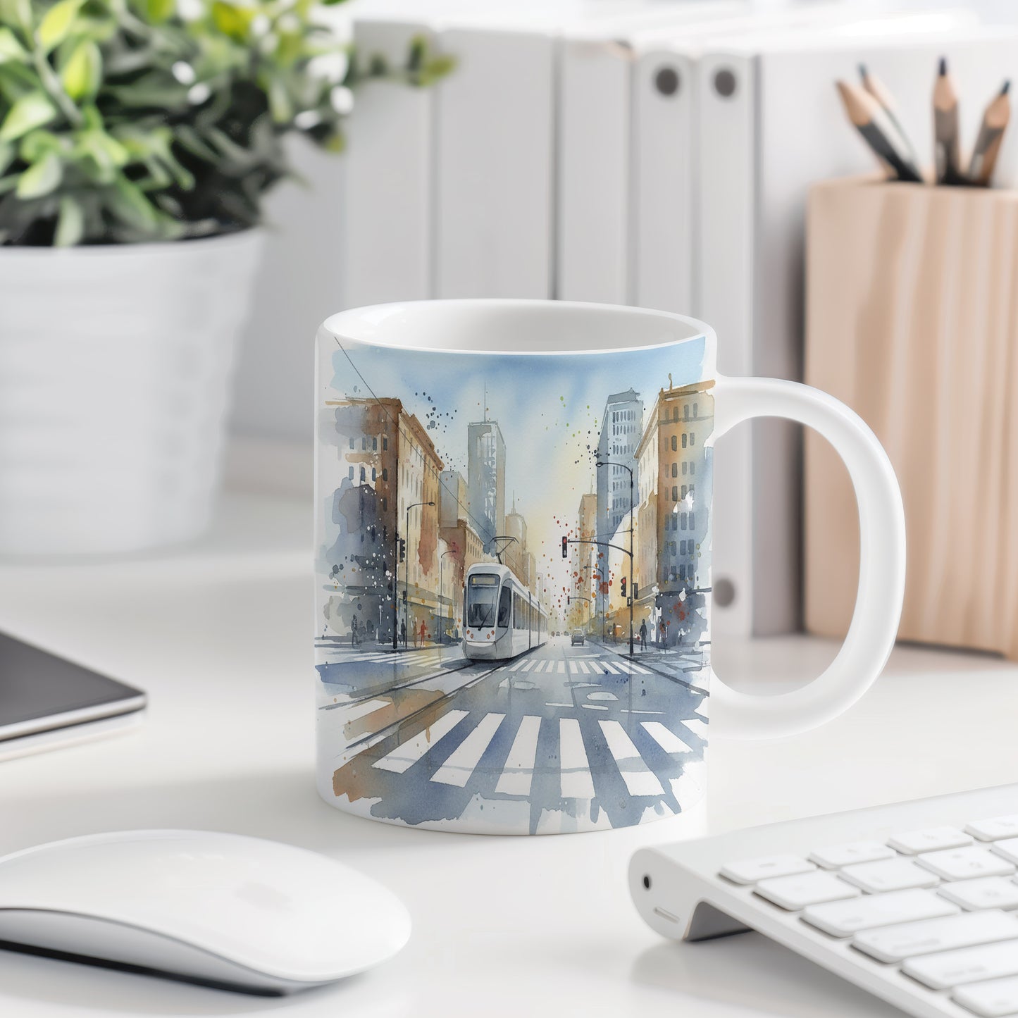 Hrnek s tramvají na městské křižovatce