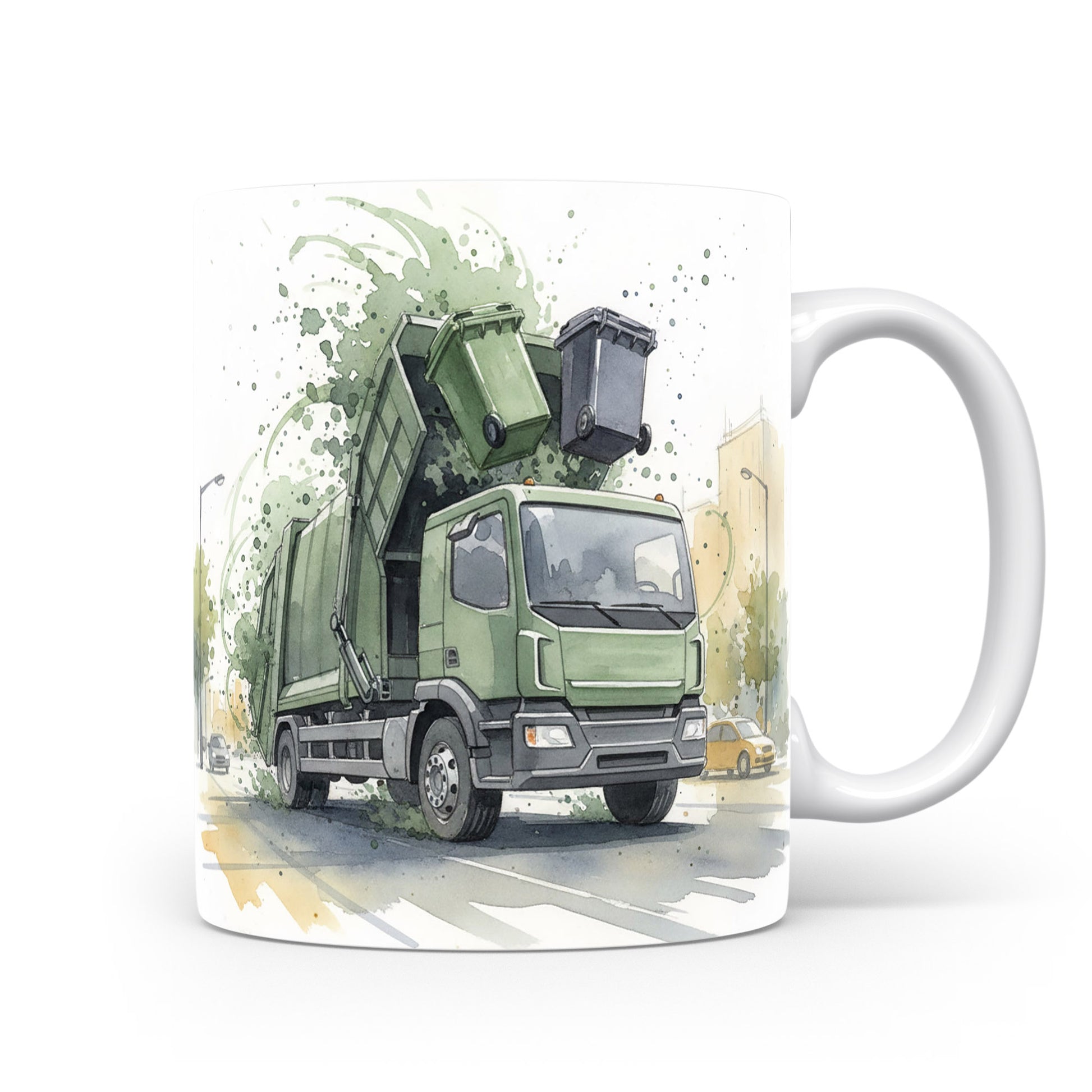 Hrnek s popelářským vozem v akvarelu