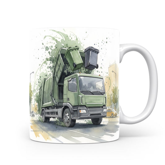 Hrnek s popelářským vozem v akvarelu