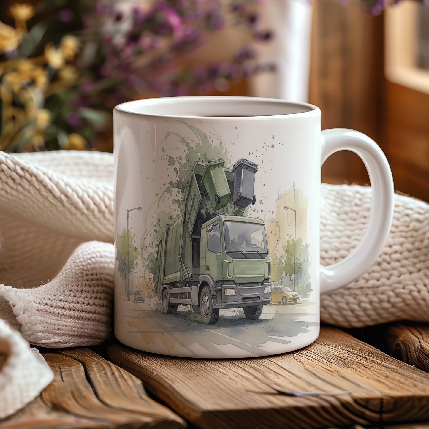 Hrnek s popelářským vozem v akvarelu