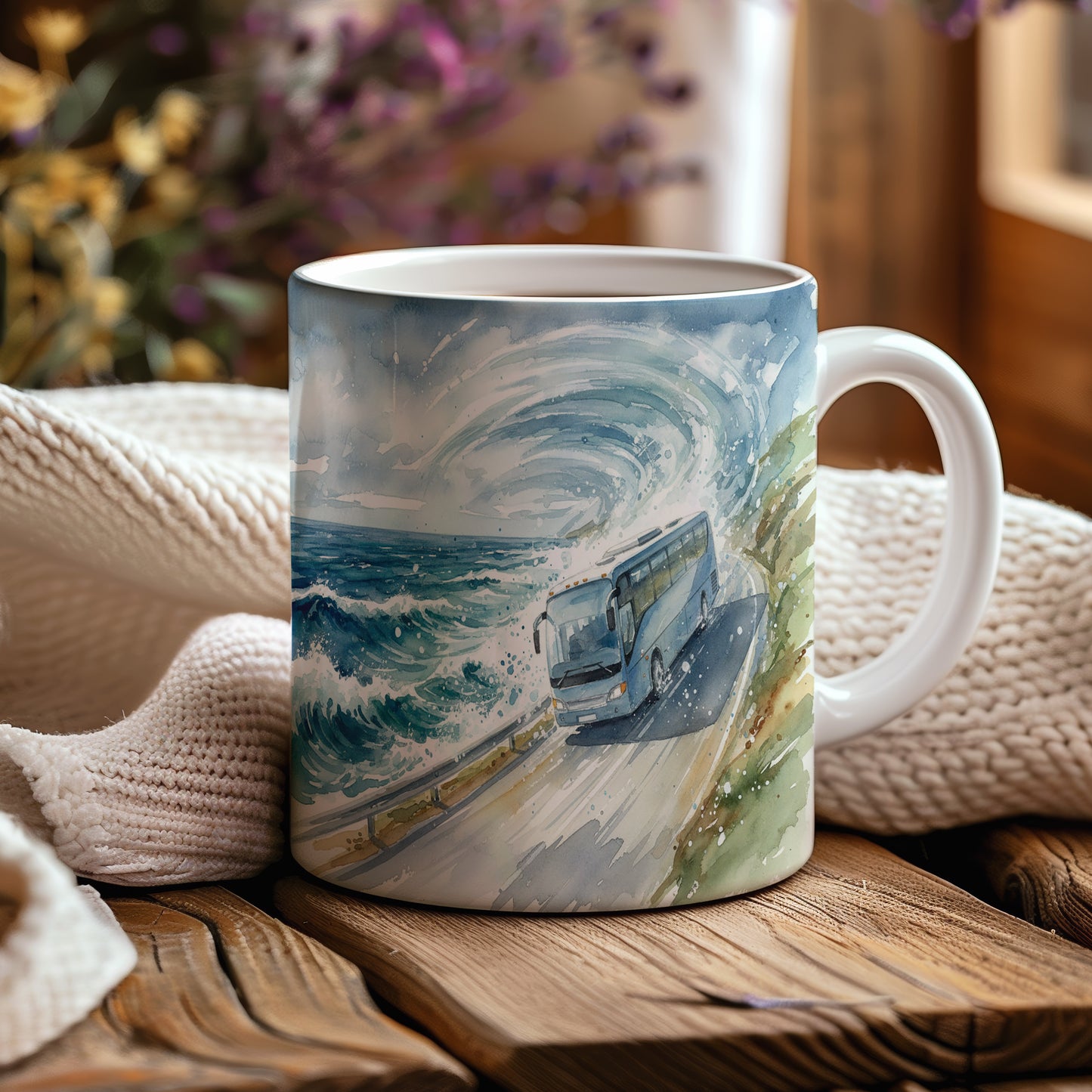 Hrnek s autobusem u rozbouřeného moře
