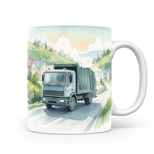 Hrnek s popelářským vozem na venkově