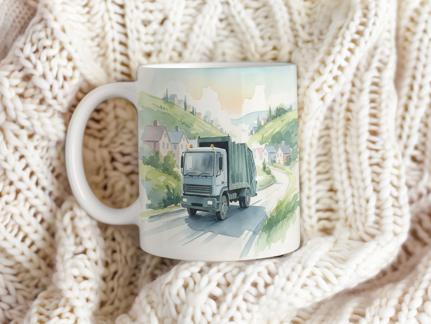 Hrnek s popelářským vozem na venkově