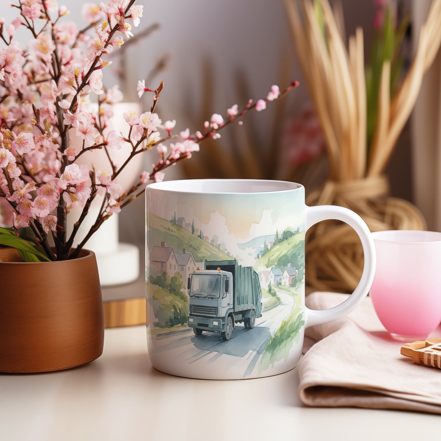 Hrnek s popelářským vozem na venkově