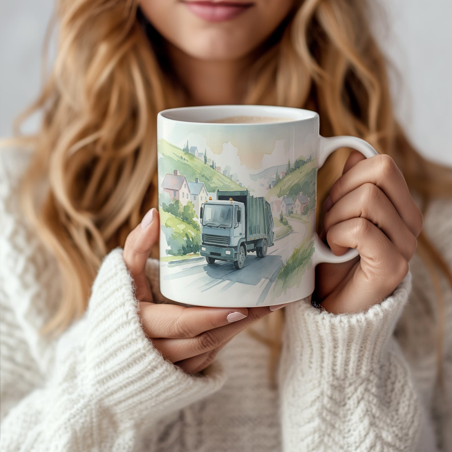 Hrnek s popelářským vozem na venkově