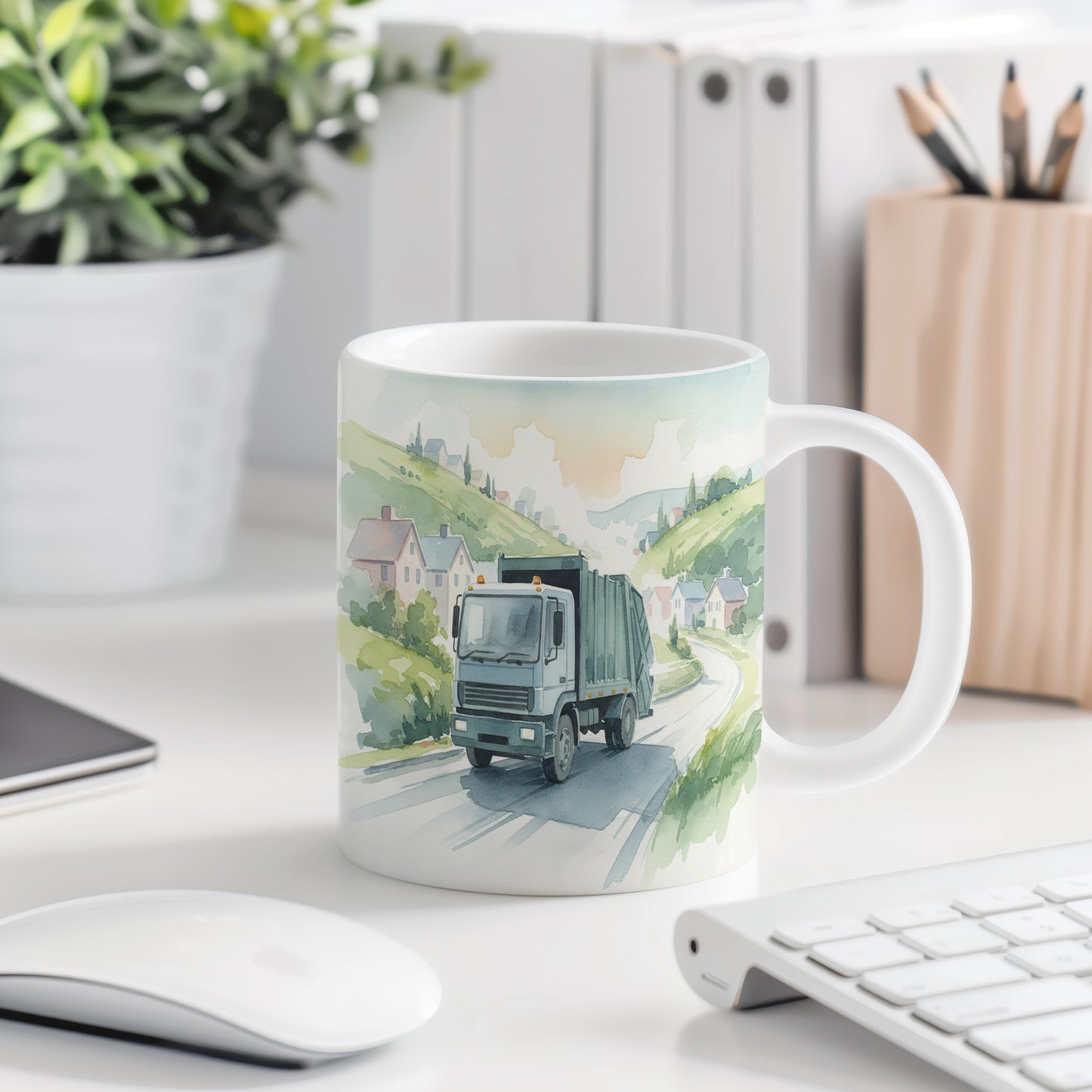 Hrnek s popelářským vozem na venkově