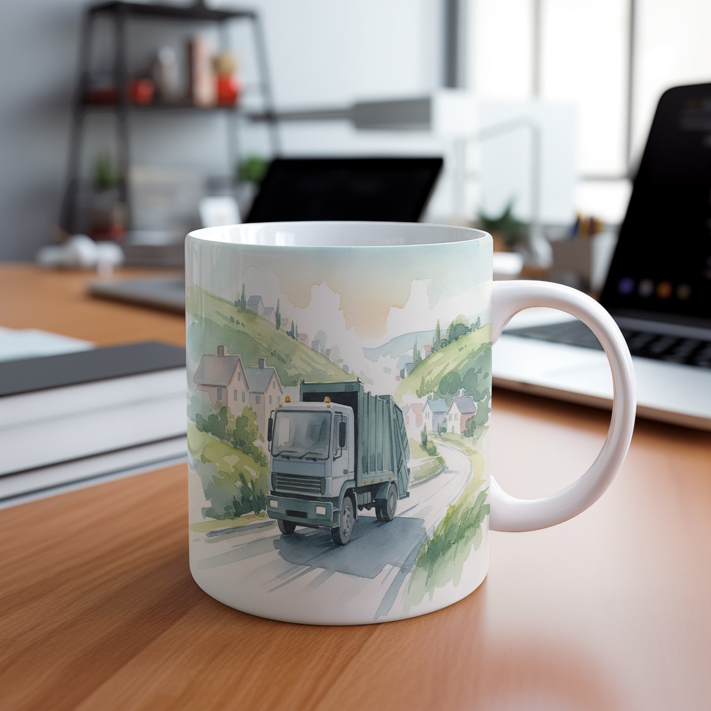 Hrnek s popelářským vozem na venkově