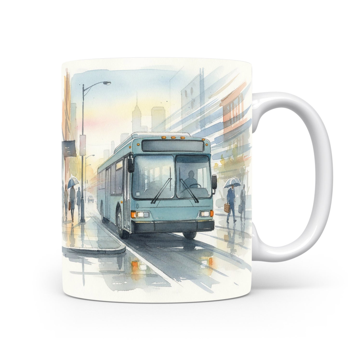 Akvarel autobusu v dešti na hrnku