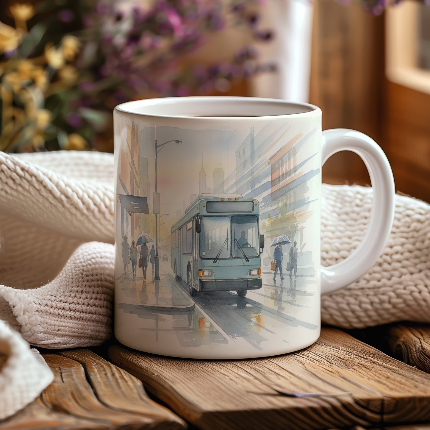 Hrnek s autobusem v dešti