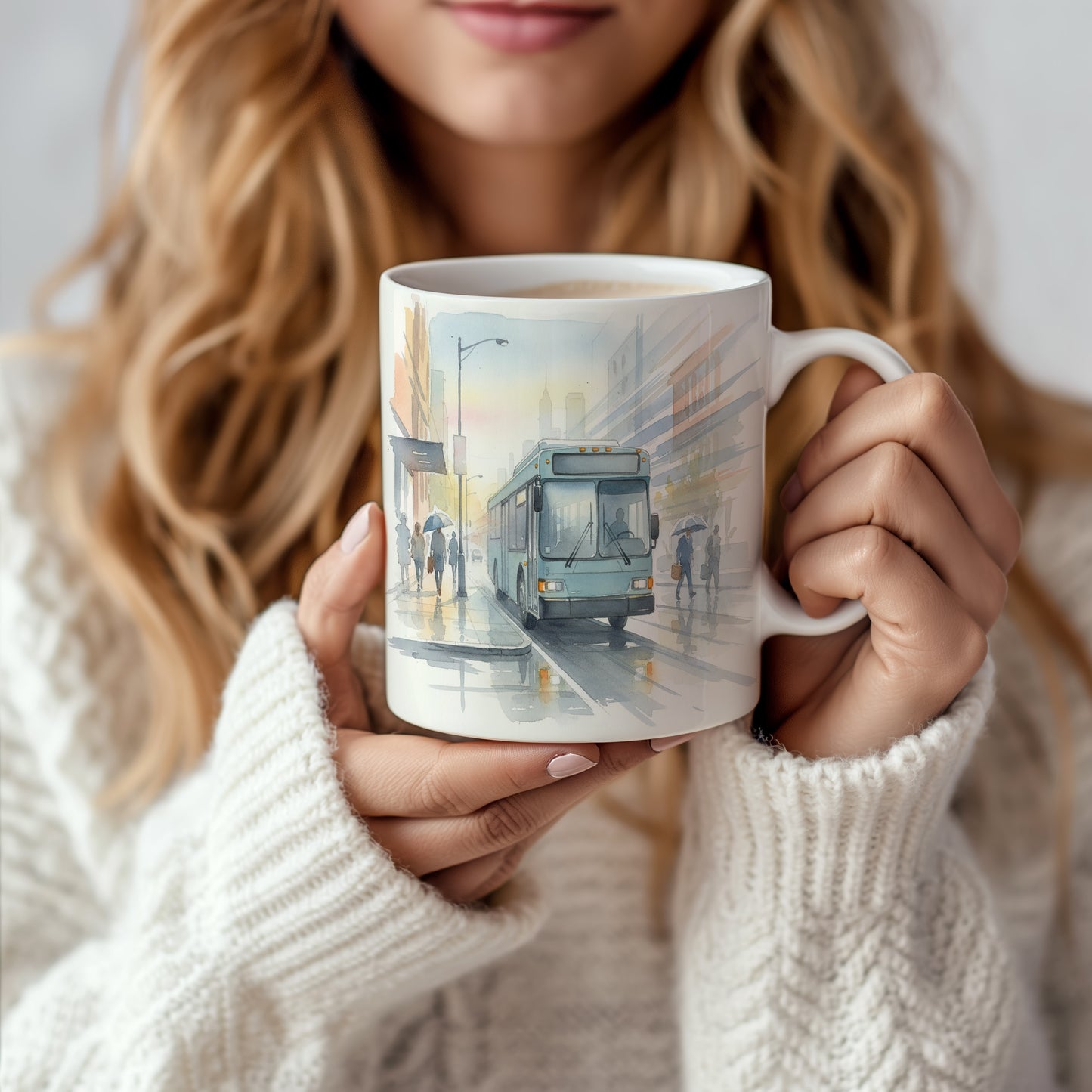 Hrnek s autobusem v dešti