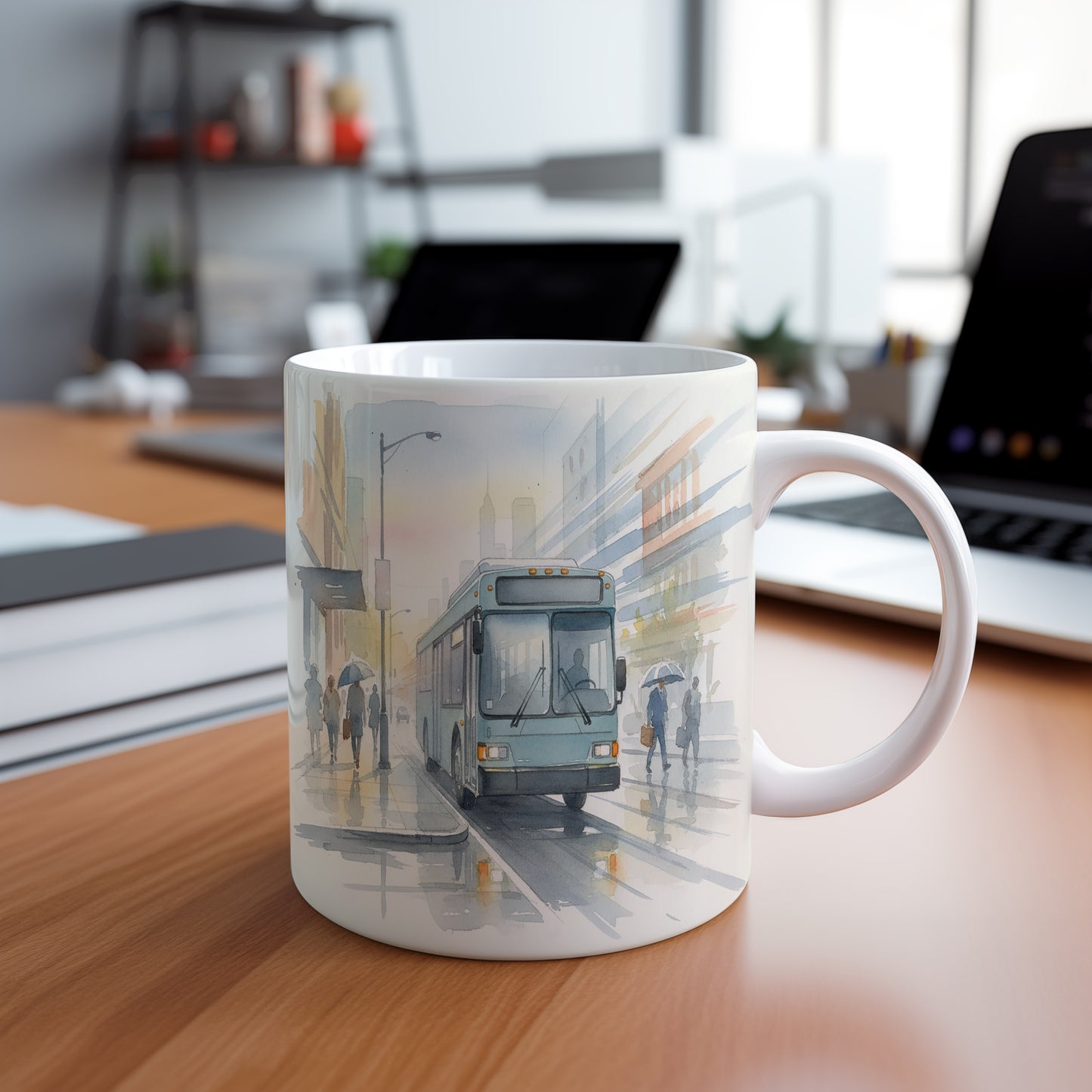 Hrnek s autobusem v dešti