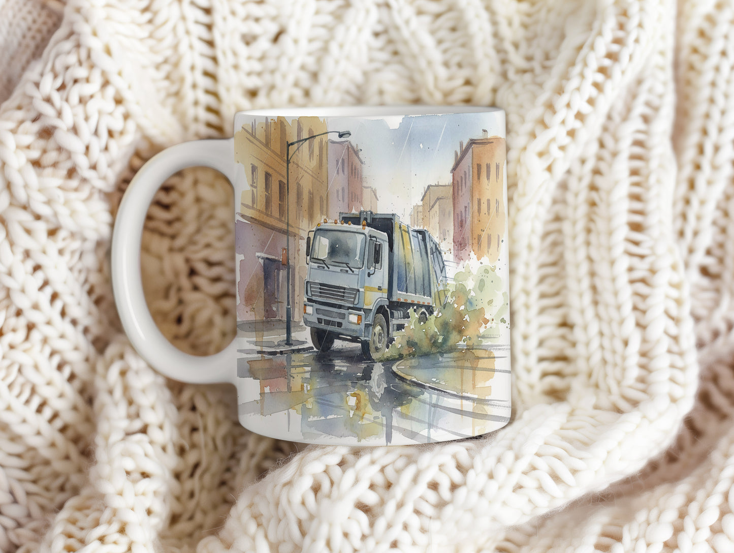 Hrnek s popelářským vozem v ulicích