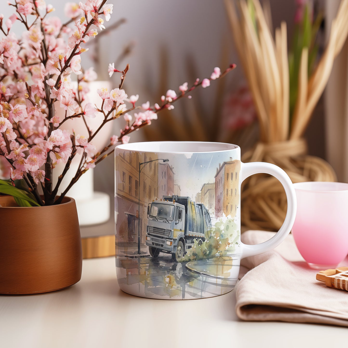 Hrnek s popelářským vozem v ulicích