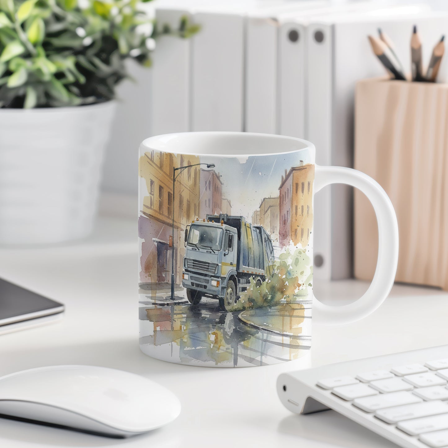 Hrnek s popelářským vozem v ulicích