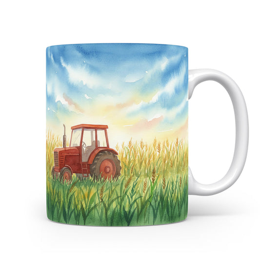 Hrnek s akvarelovým traktorem v obilí