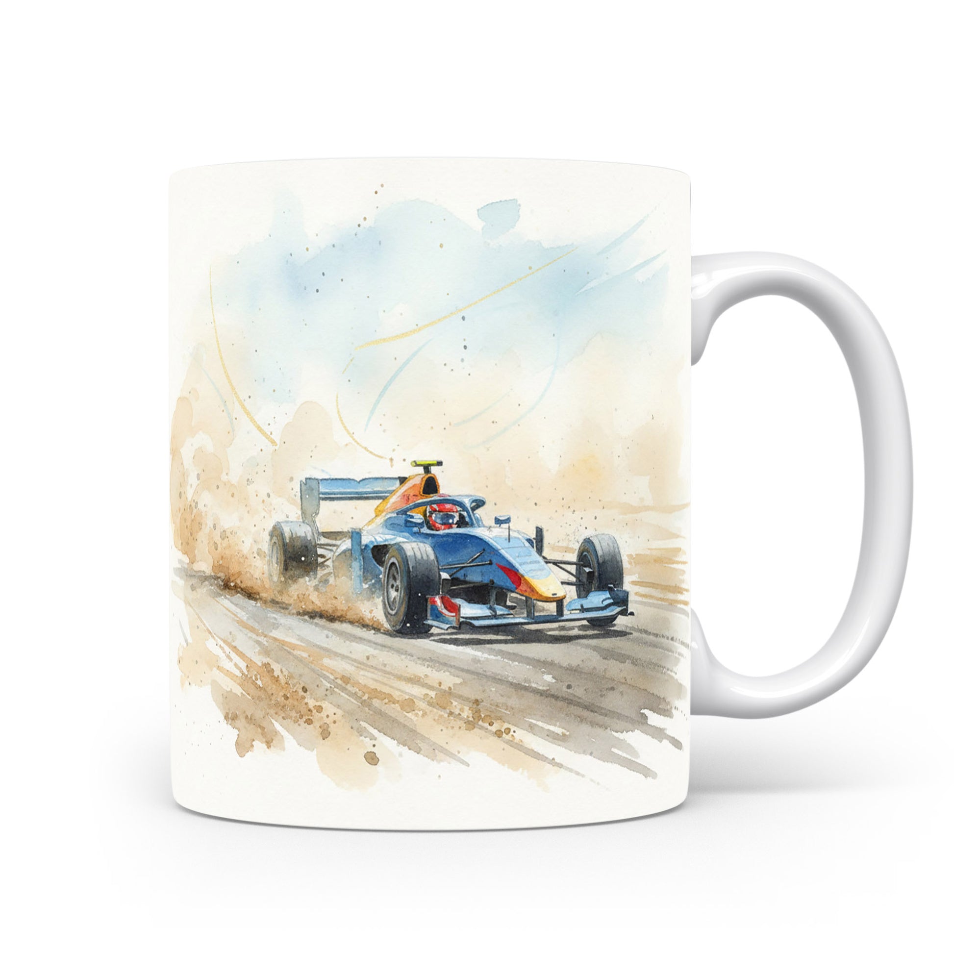 Hrnek s formulí na prašné dráze v akvarelu