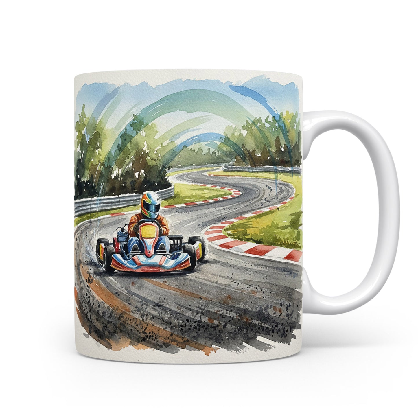 Motokára na závodní trati v akvarelu