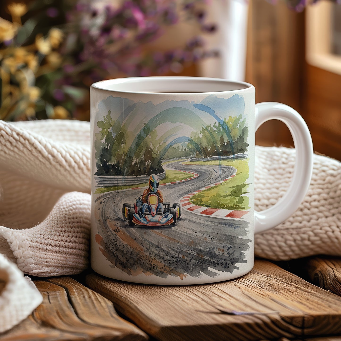 Hrnek s motokárou na závodní trati