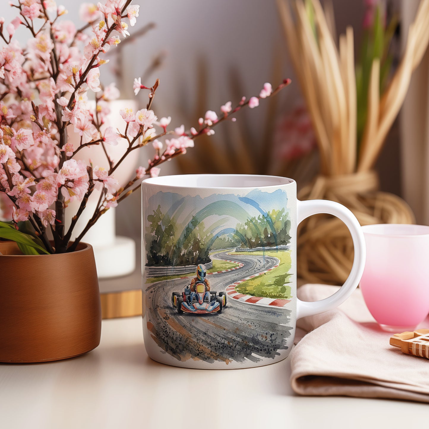 Hrnek s motokárou na závodní trati