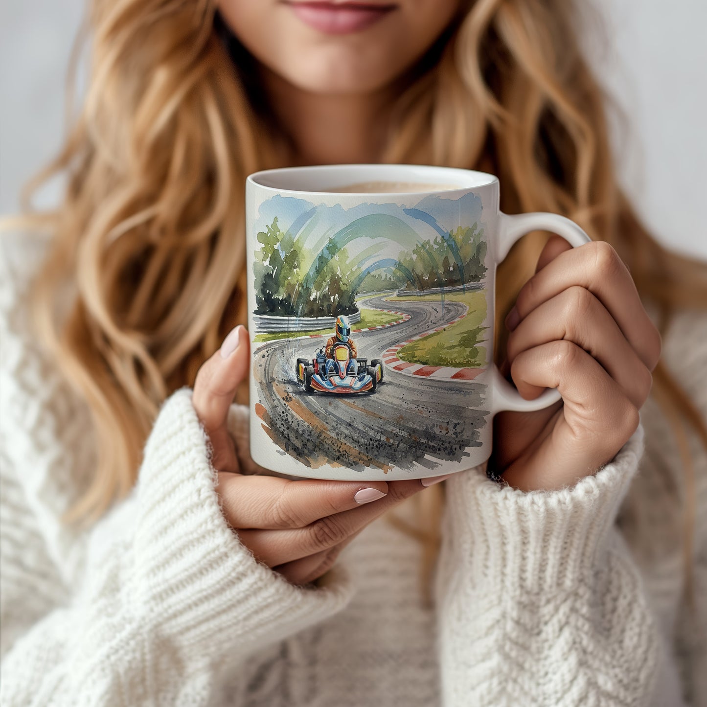 Hrnek s motokárou na závodní trati