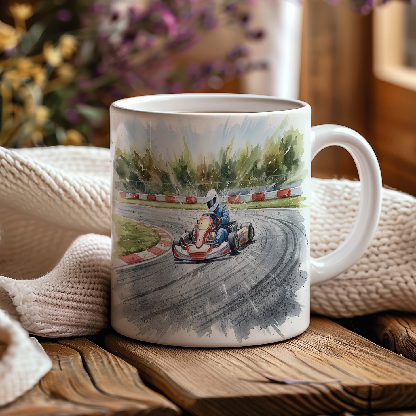 Hrnek s motokárou na závodní dráze