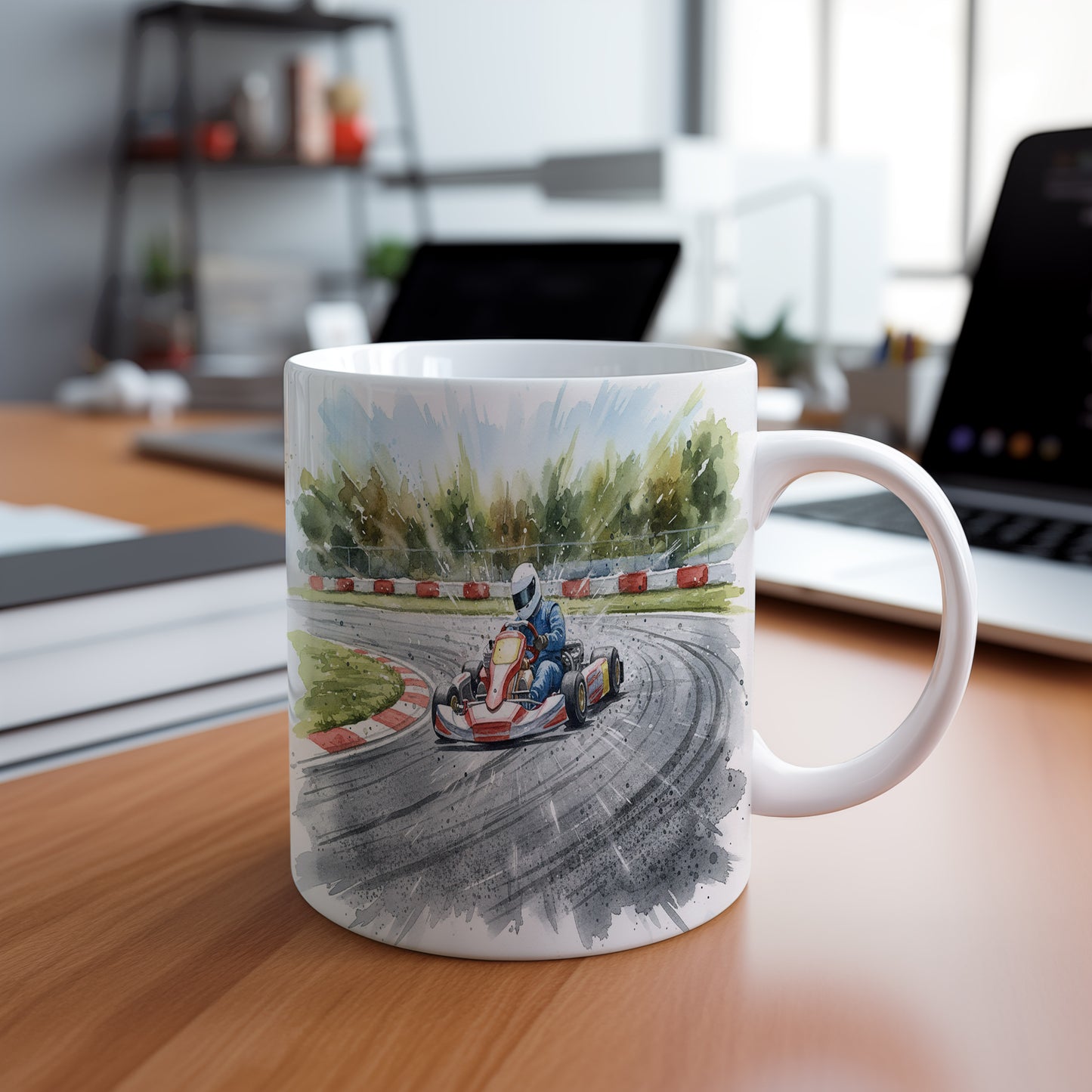 Hrnek s motokárou na závodní dráze