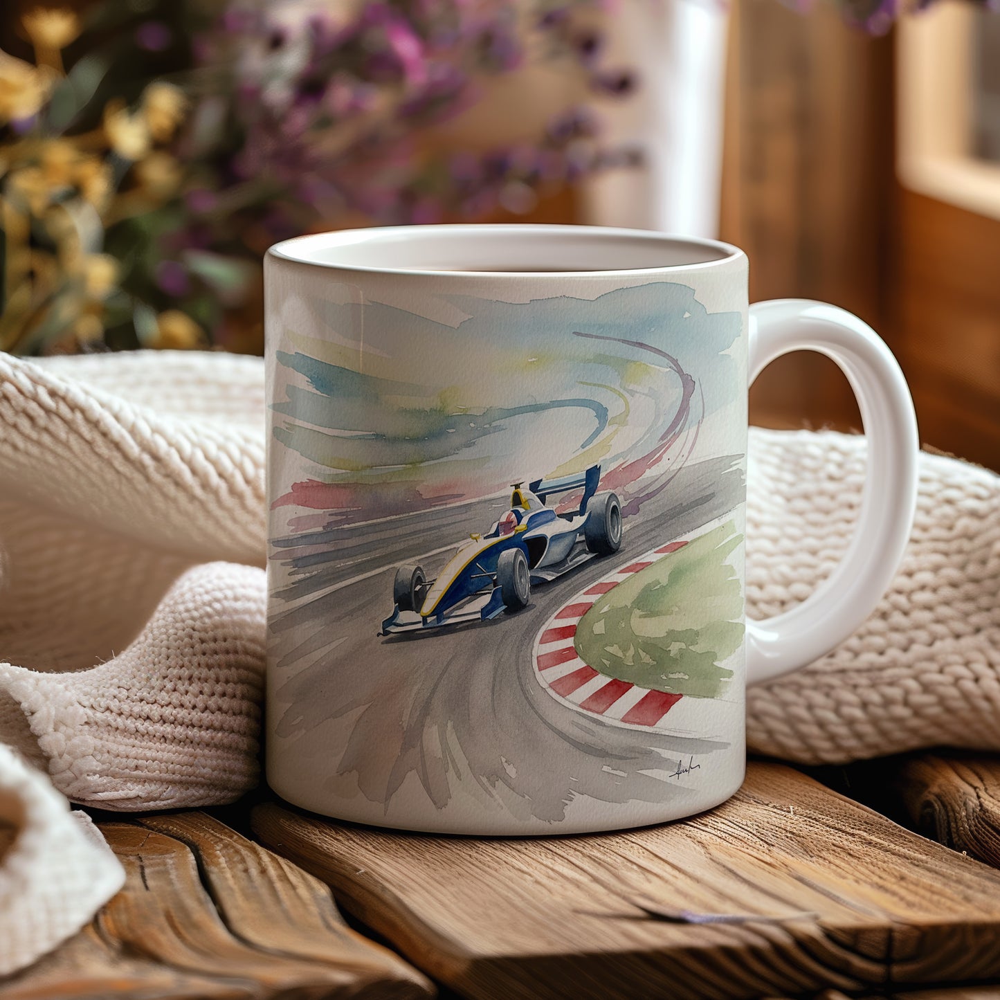 Hrnek s formulí na závodní dráze