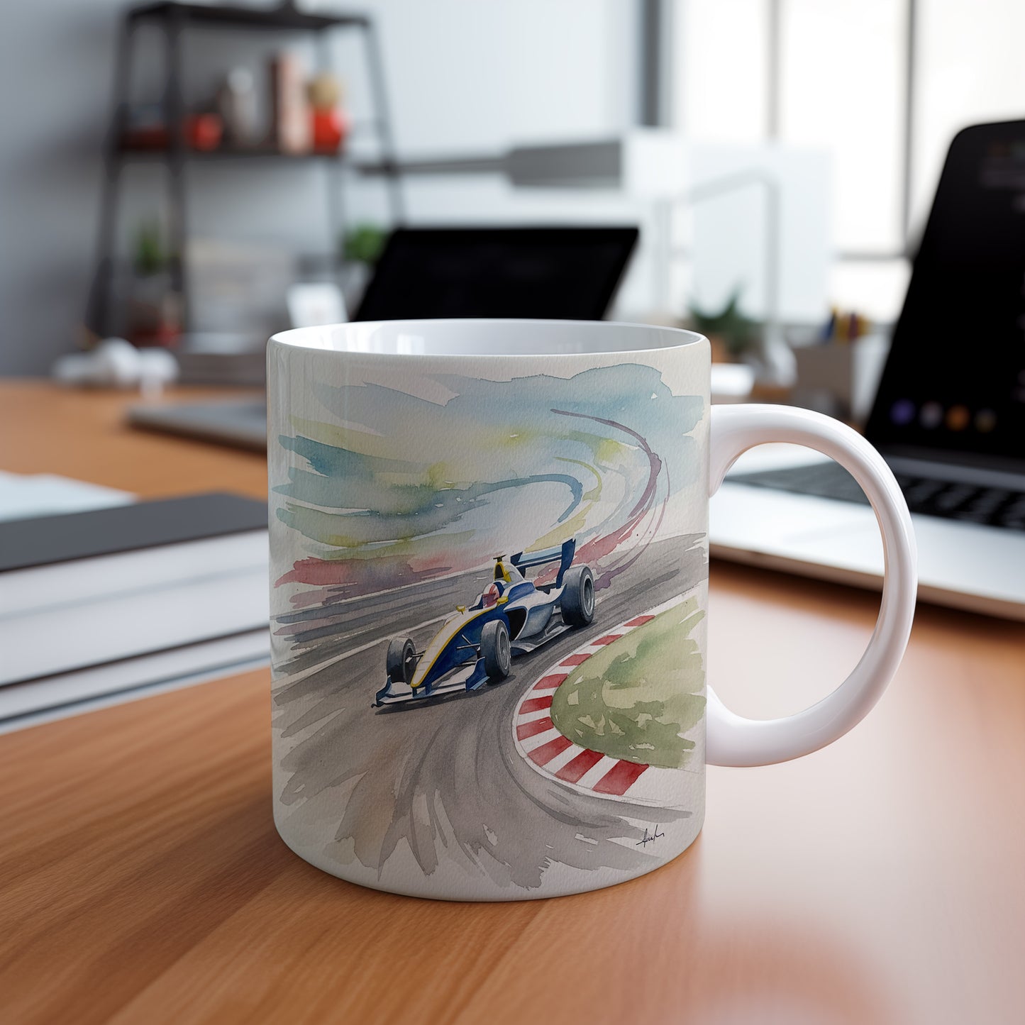 Hrnek s formulí na závodní dráze