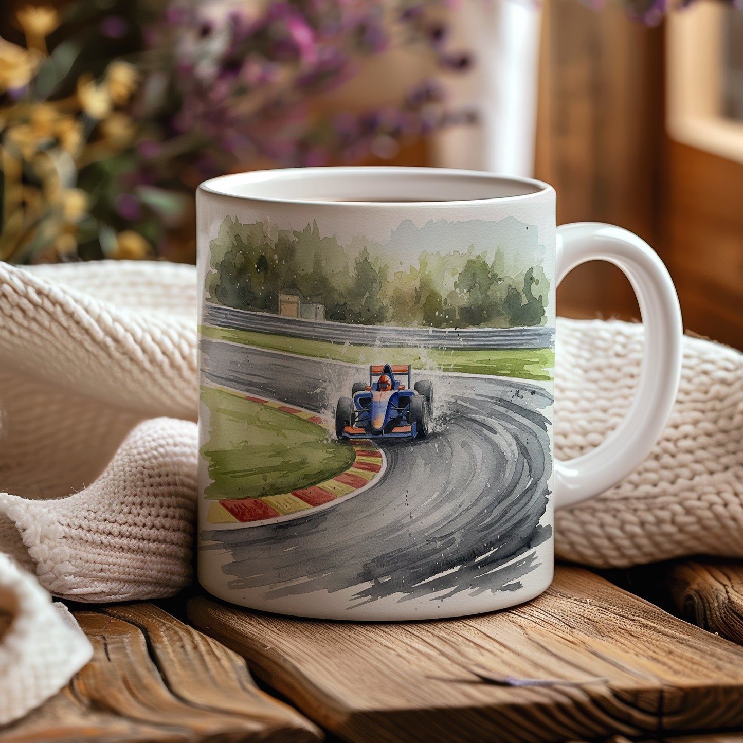 Hrnek s formulí na závodní dráze