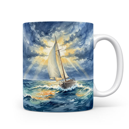 Jachta v bouři na akvarelovém hrnku