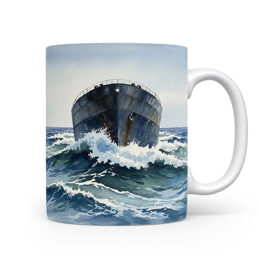 Hrnek s lodí na rozbouřeném oceánu