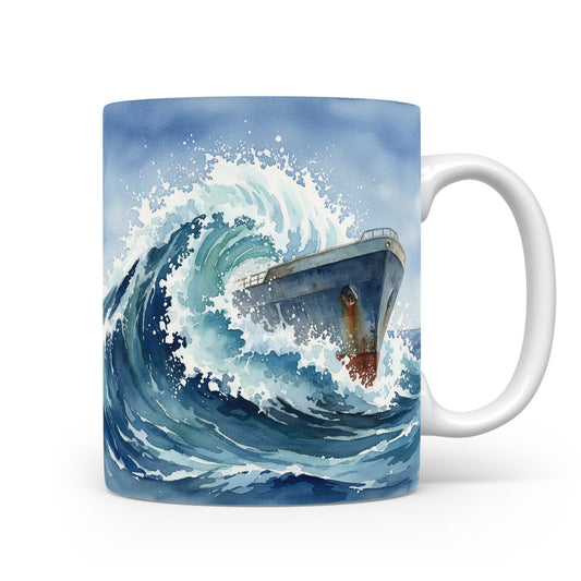 Loď v divokých vlnách na hrnku