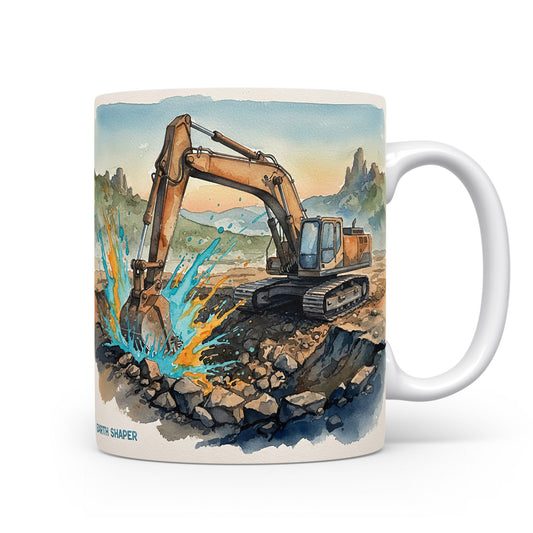 Hrnek s rypadlem v krajině