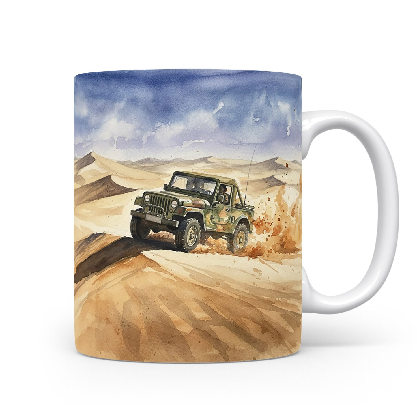 Hrnek s jeepem v poušti