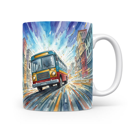 Hrnek s retro autobusem v akvarelu