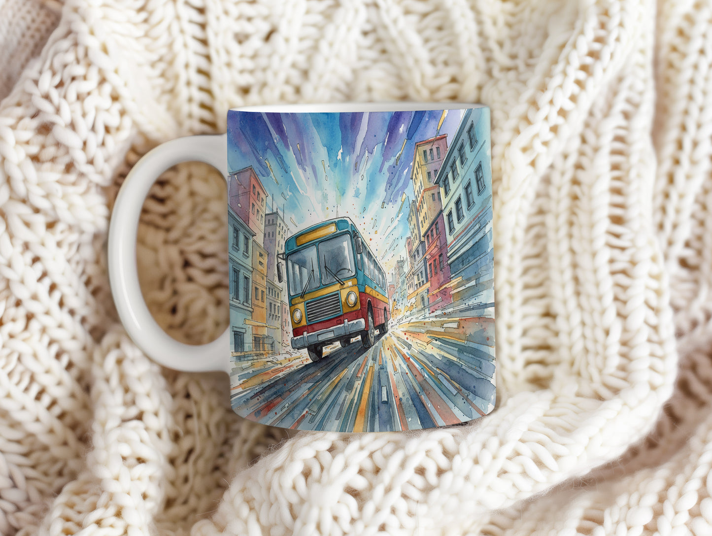 Hrnek s retro autobusem v akvarelu