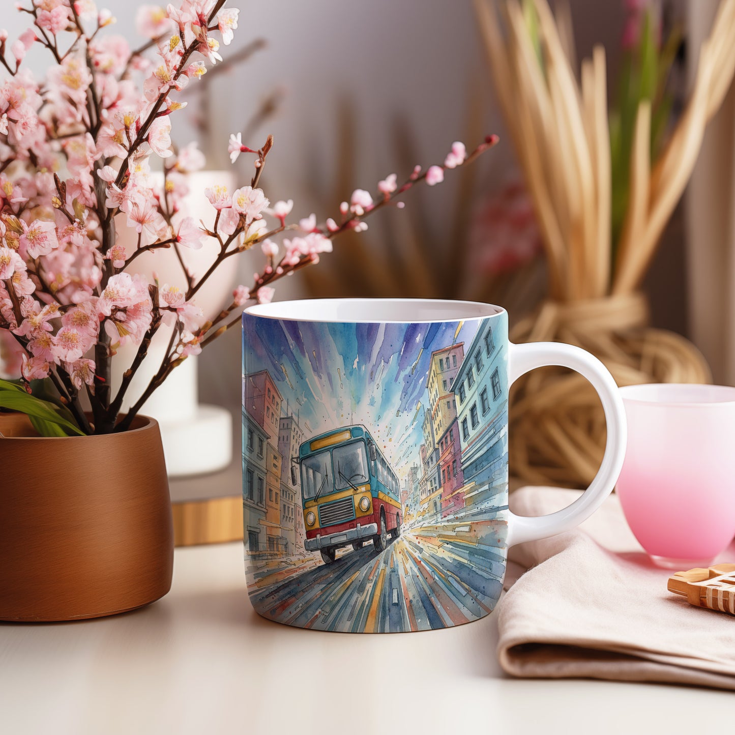 Hrnek s retro autobusem v akvarelu