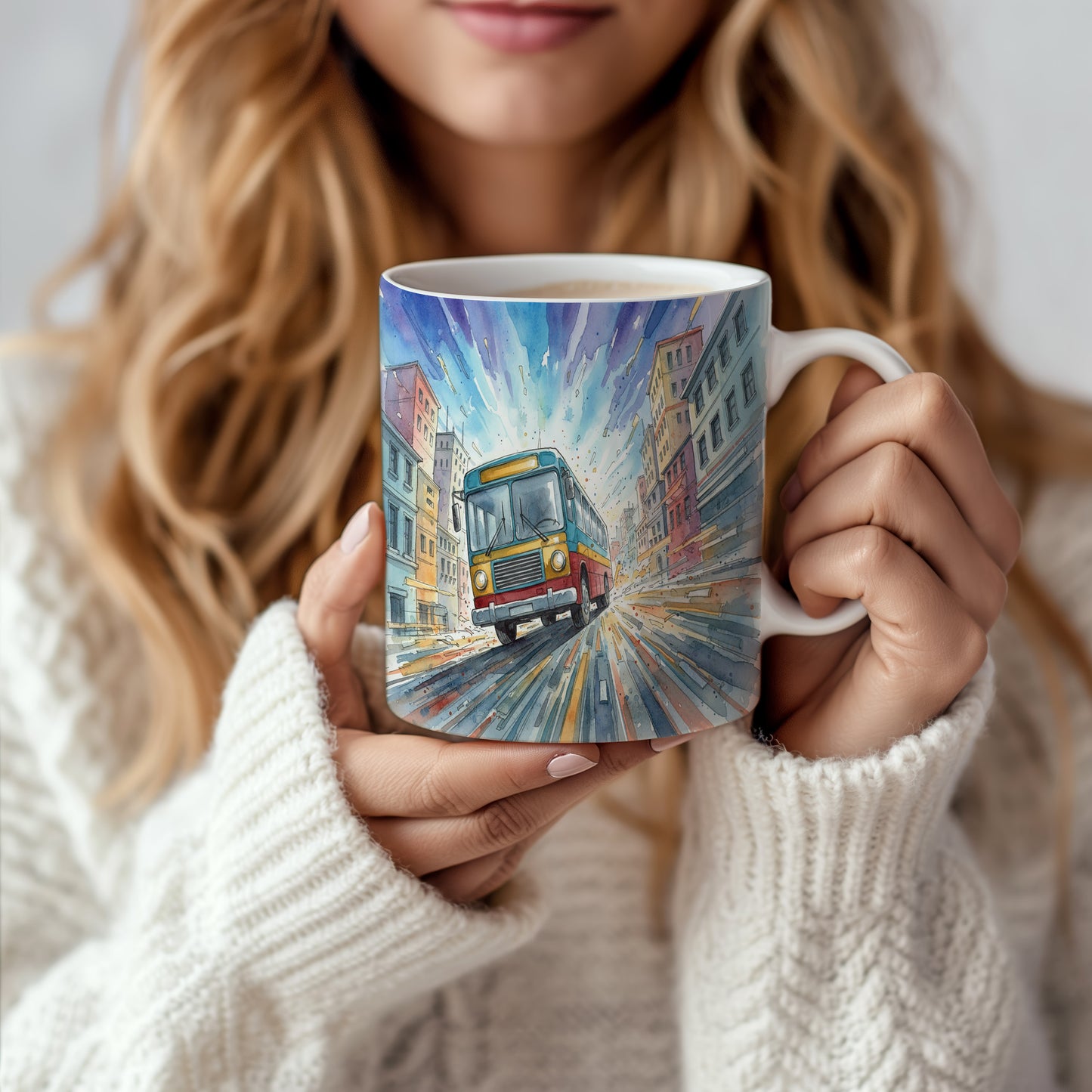 Hrnek s retro autobusem v akvarelu