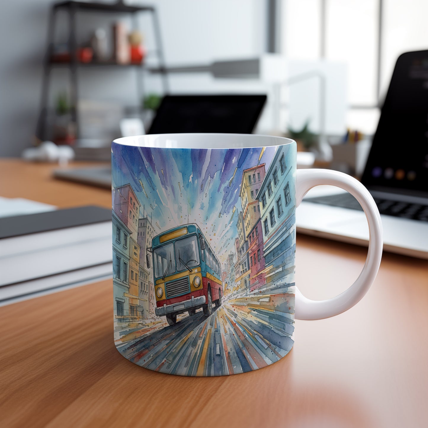 Hrnek s retro autobusem v akvarelu