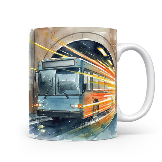 Akvarelový motiv autobusu ve světelném tunelu
