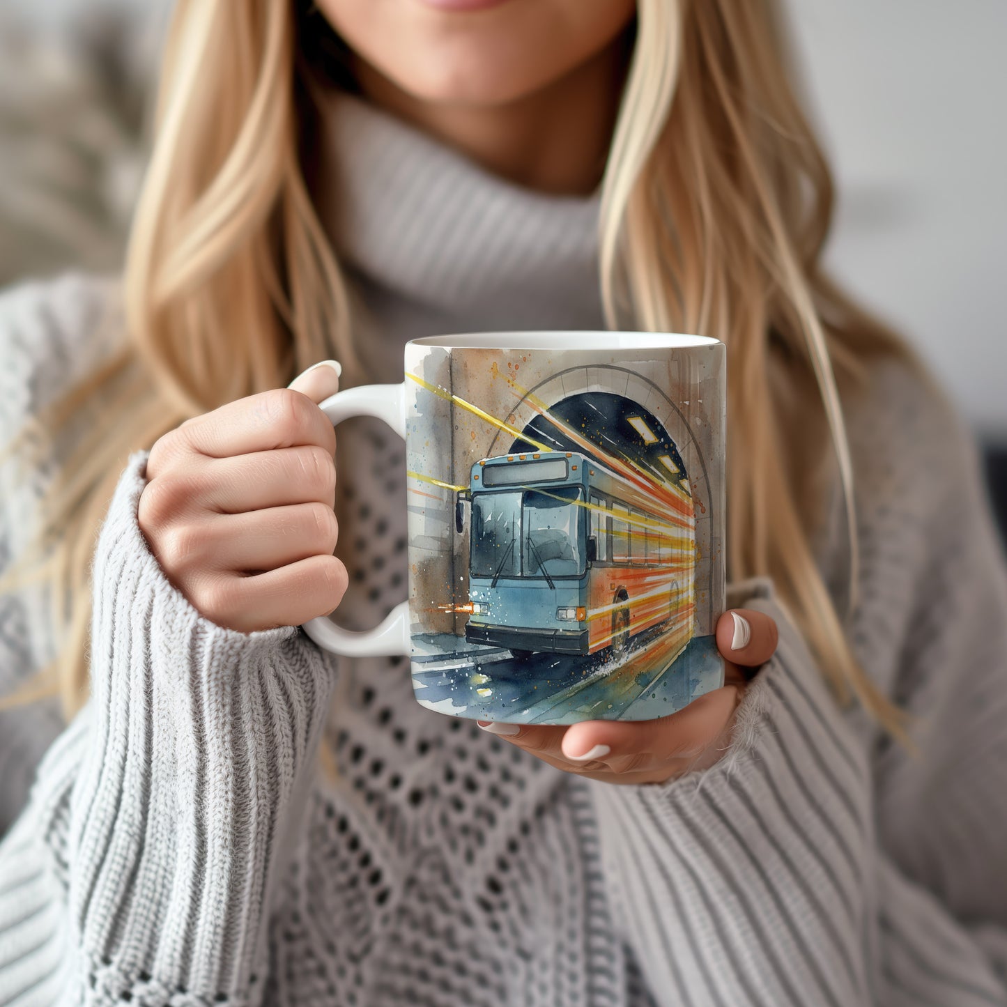 Hrnek s autobusem ve světelném tunelu