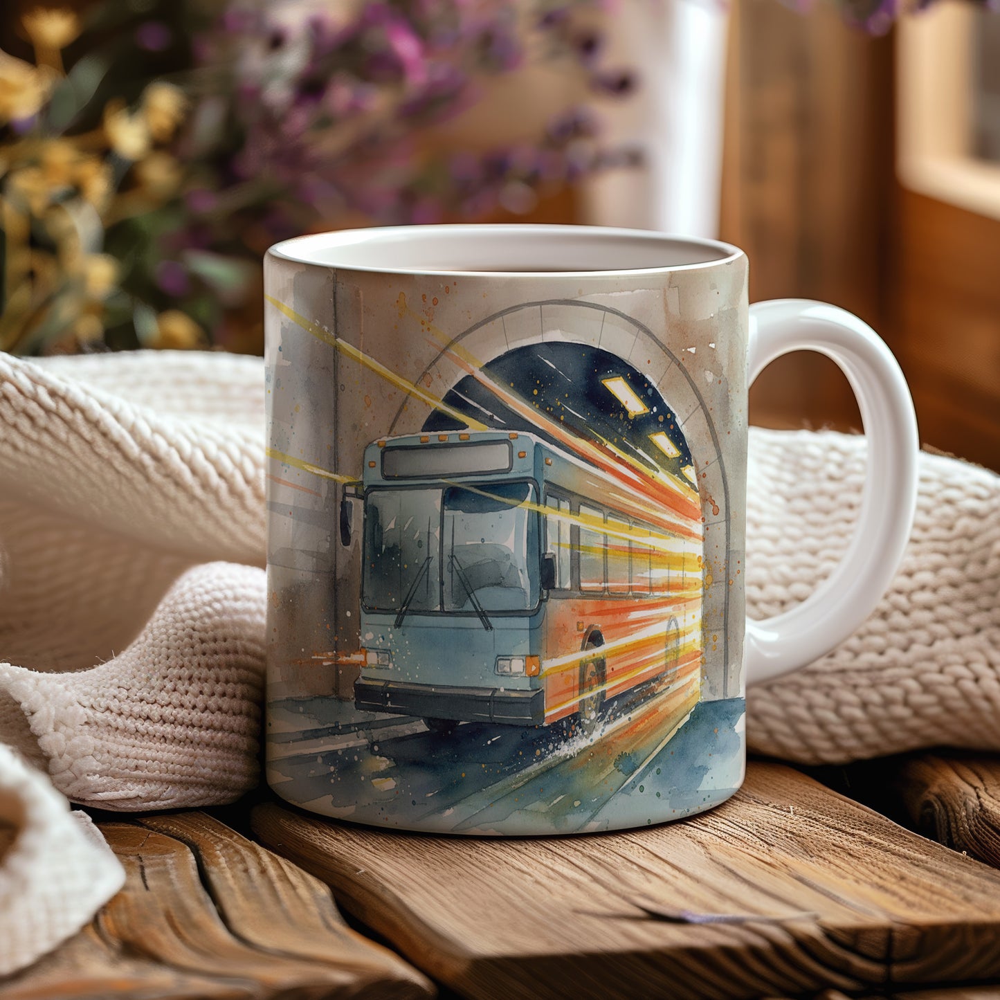 Hrnek s autobusem ve světelném tunelu