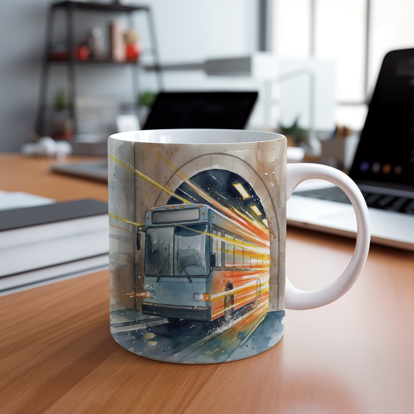 Hrnek s autobusem ve světelném tunelu