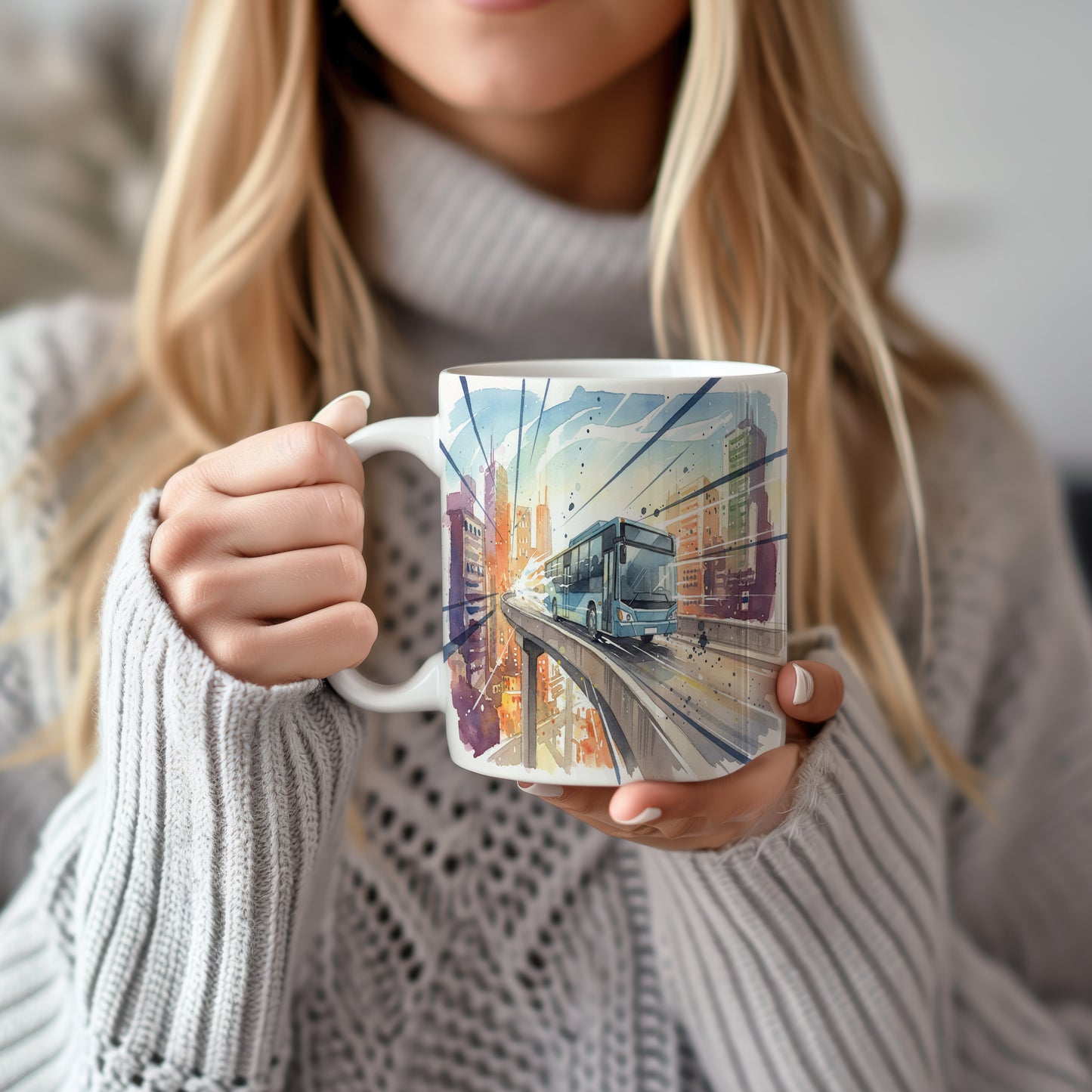 Hrnek s autobusem na nadjezdu